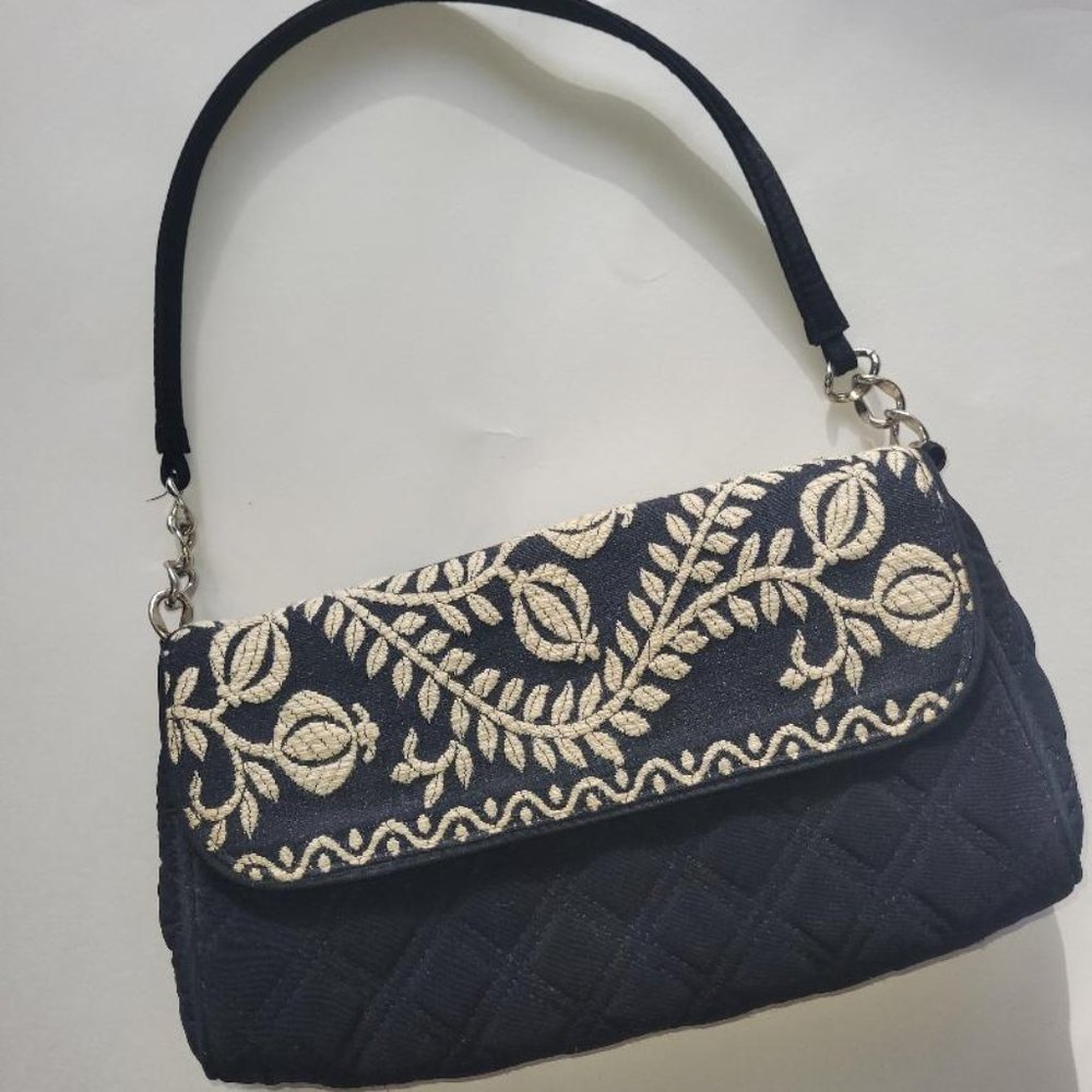 VERA BRADLEY- QUILTED BLACK HANDBAG WITH WHITE EMBROIDERY